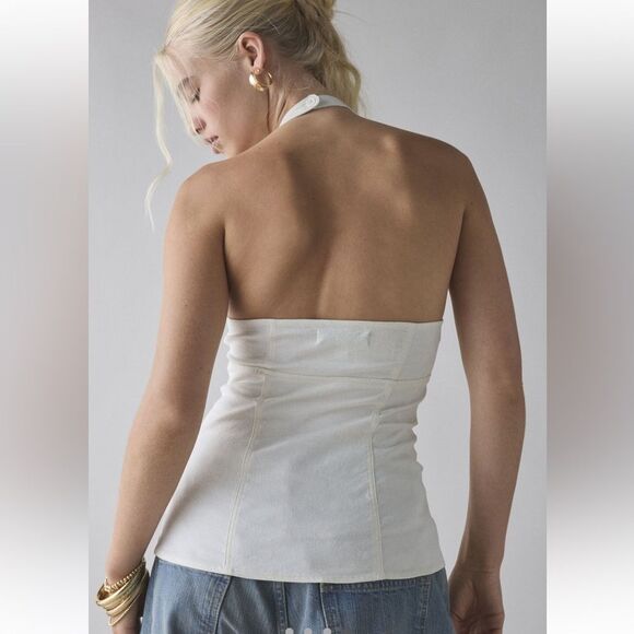 NEW Urban Outfitters Sari Seamed Linen-Blend Halter Vest Top Arctic Wolf Small - Picture 3 of 5